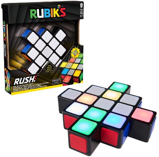 Rubik's Rush elektronisch puzzelspel met verlichte vierkante blokken in een zwart kruisvormig frame.