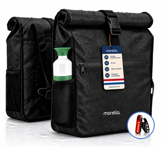 Sacoches doubles noires Morelia en matériau imperméable avec gouttes d'eau, poche latérale pour bouteille et feu arrière.