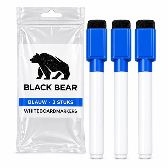 Drie blauwe Black Bear whiteboardmarkers in een doorzichtige verpakking met logo.