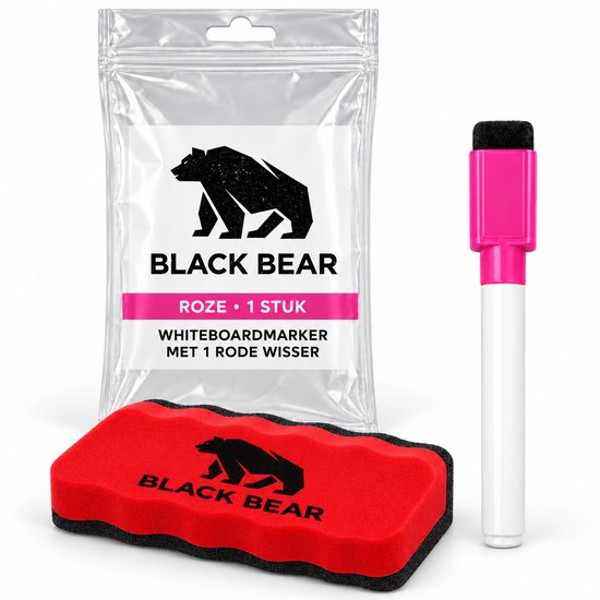 Roze BlackBear whiteboardmarker met rode wisser in verpakking en een losse rode wisser met logo.