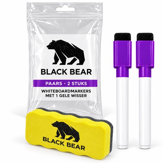 Set met twee paarse markers in verpakking en een gele Black Bear wisser.
