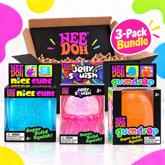 NeeDoh 3-pack bundel met een blauwe Nice Cube, roze Jelly Squish en oranje Gumdrop in hun verpakkingen.