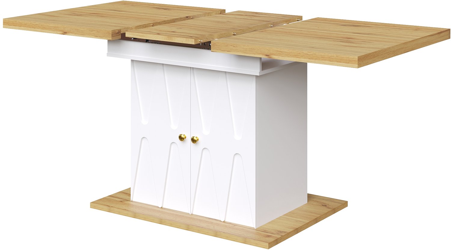 SONNENH Uitschuifbare eettafel met opbergkast en reliëfdeuren - Wit en houtlook - 110-140 x 70 cm