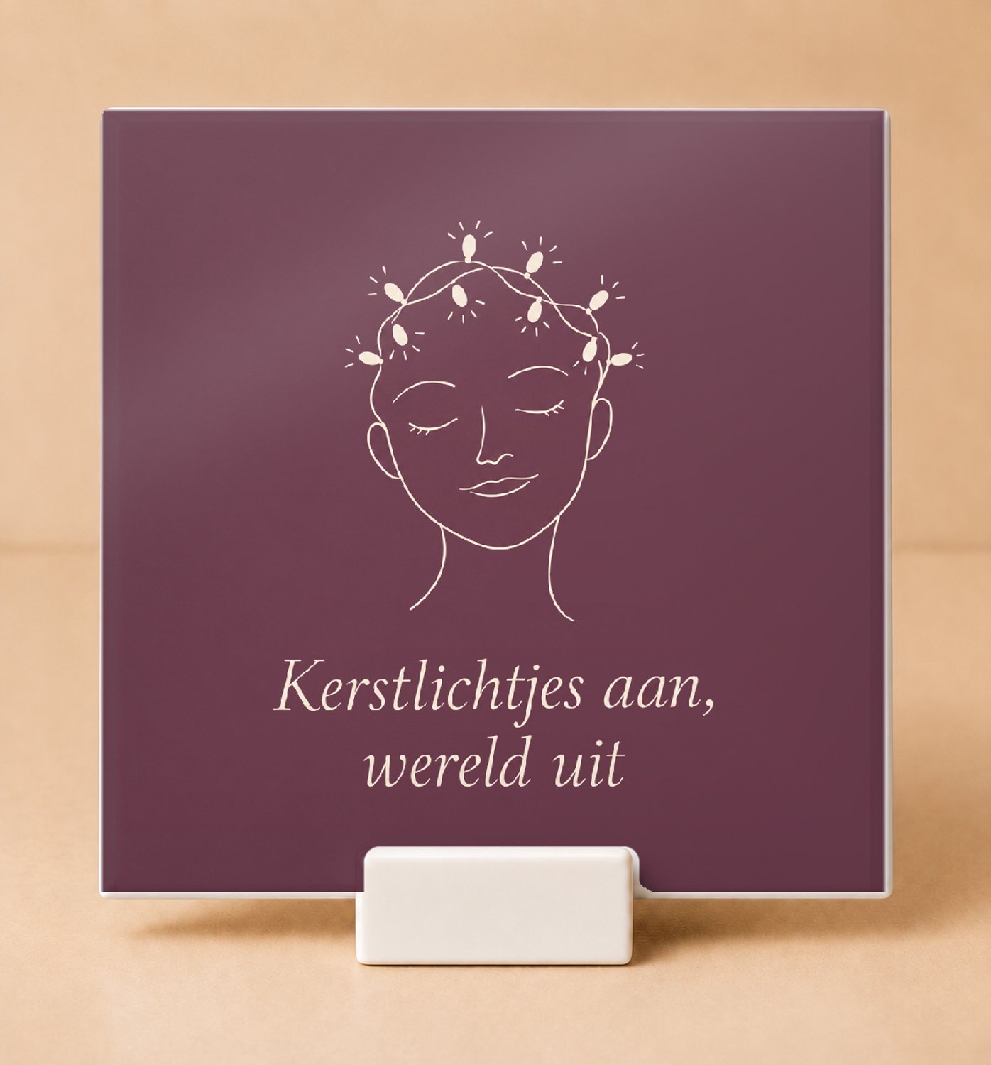 Bedruk King Minimalistische Niet Storen Kerstlichtjes Tegel – Fijne One-Line Art decoratie voor rustzoekers tijdens de feestdagen - 11 x 11 cm met houder Wit