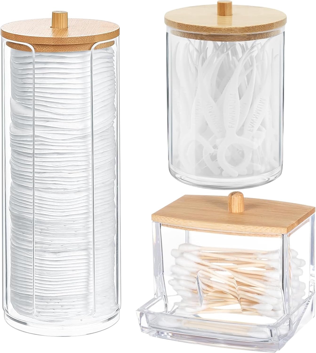 SnelShoppen - 3Pack Wattenschijfhouder en Wattenstaafje Doos - Cosmetische Opbergdoos met Bamboe Deksel - Badkamer Organizer voor Katoenen Pads, Watte
