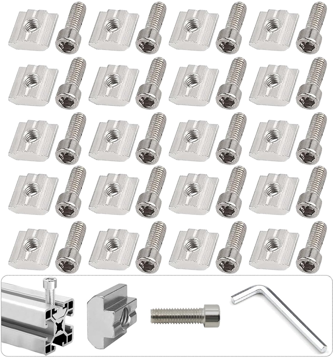 Pack of 20 Grooving Bricks, Aluminium Profile, T-Nut, Rail Screws with L Key, for Aluminium Profile, Extrusion Slot - ShopVlot
