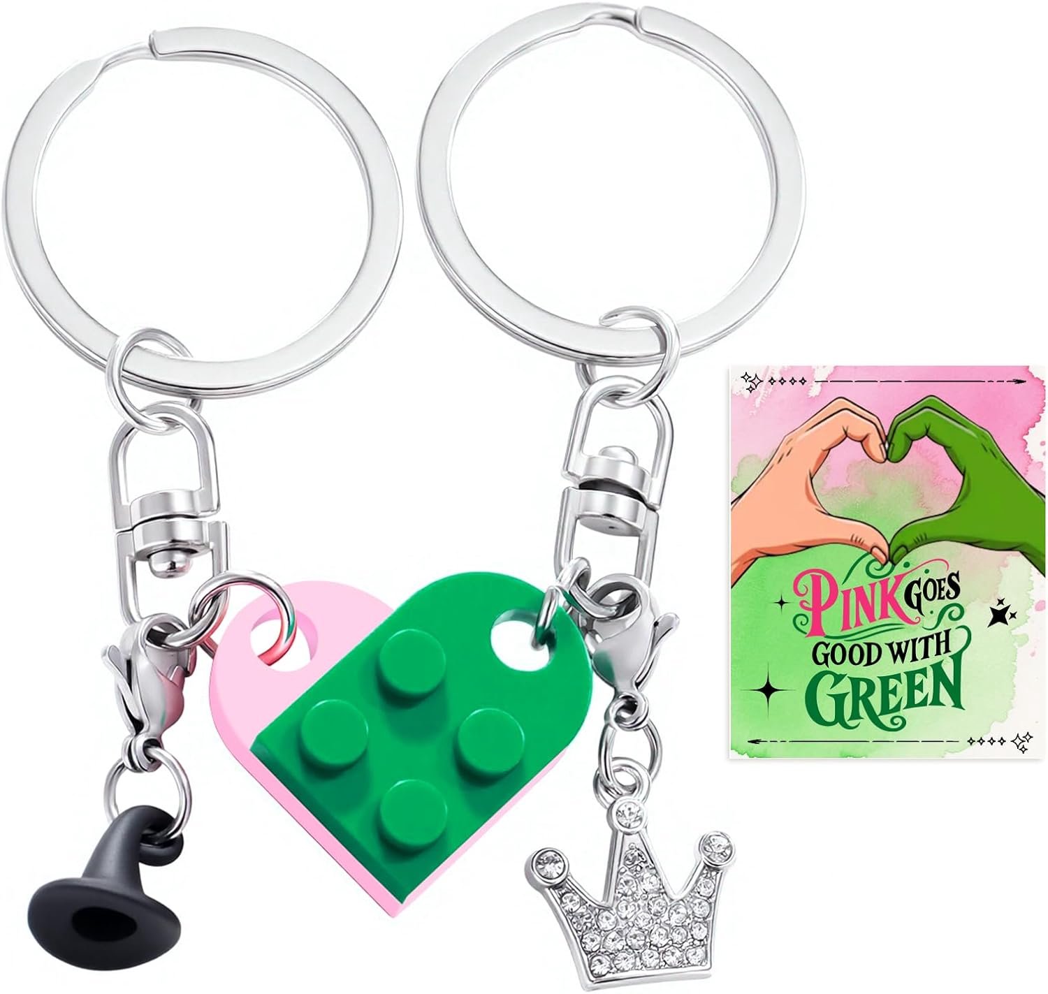 SnelShoppen - Hartvormige Sleutelhanger - Tweekleurige Groene en Roze Bouwstenen met Decoratieve Accessoires - Perfect voor Feest, Cadeau of Dagelijks