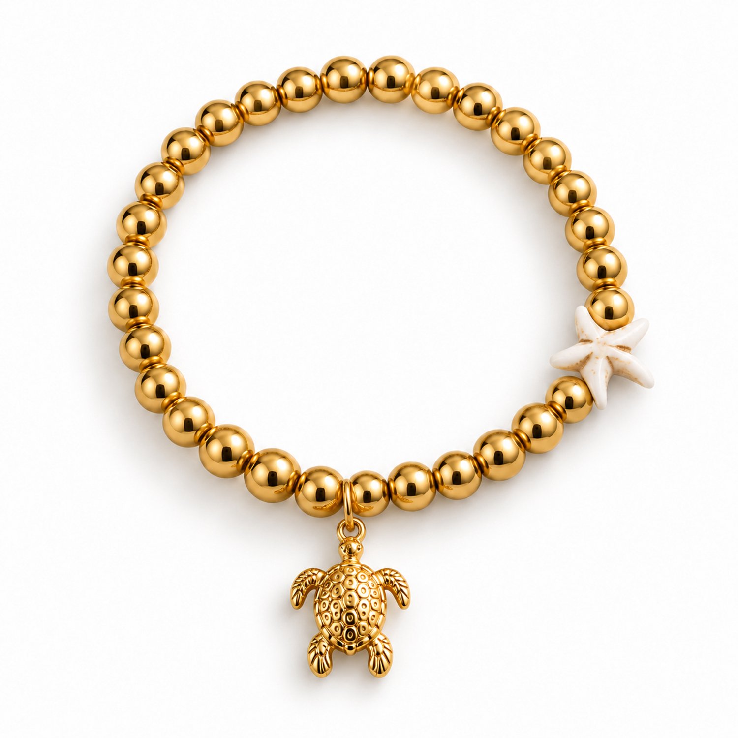 Marama Sea Turtle Armband Dames – Goudkleurig Stainless Steel – Schildpad & Zeester – Elastisch