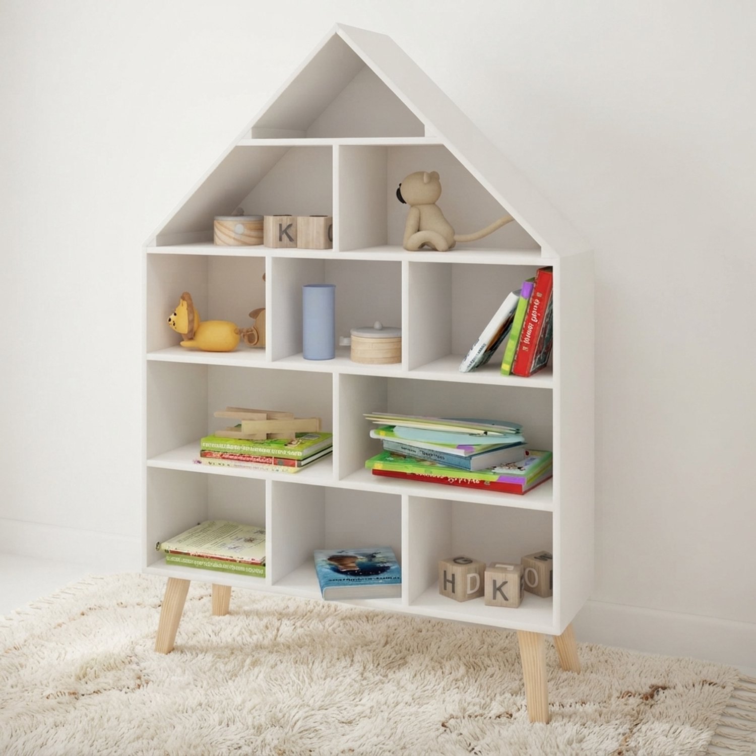Klarven® Kinderboekenrek - Kinderboekenrekje op Kast - Speelgoedkast - Kids Bookcase - 11 Vakken op 5 Niveaus - Huisvorm - Stevig, Makkelijk Schoon te Maken - Wit b80xd24xh116cm