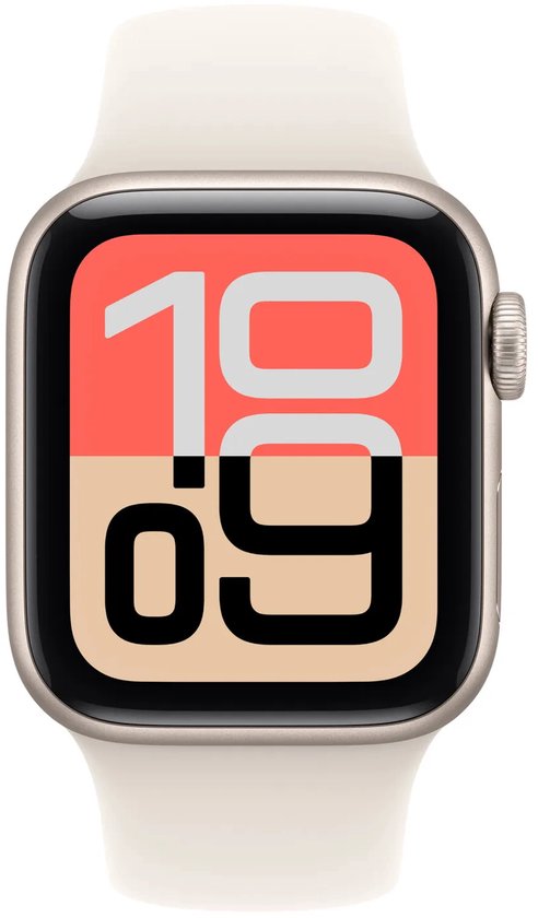 Apple Watch met sterlicht aluminium kast en witte band, toont 10:09 op het scherm.