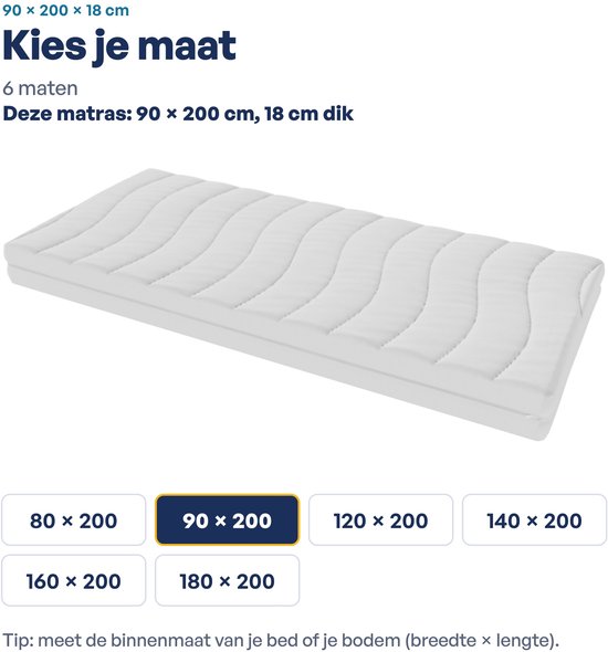 Matras selectiescherm met diverse afmetingen, geselecteerde maat 90x200 cm.