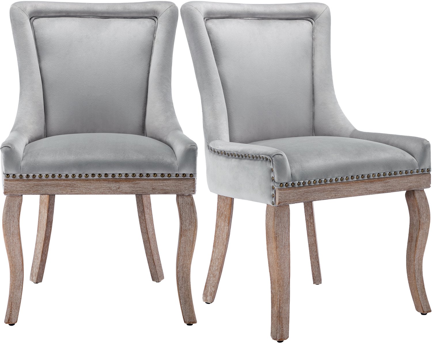 SONNENH Eetkamerstoelen set van 2 met grijs velvet, trekring, gebogen houten poten en nagelkoppen Grijs en verouderde houtkleur