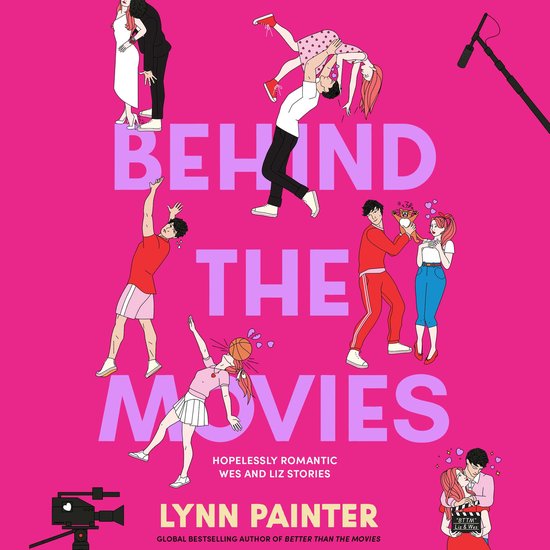 Roze boekomslag met illustraties van koppels in romantische filmscènes en de titel 'Behind the Movies' door Lynn Painter.