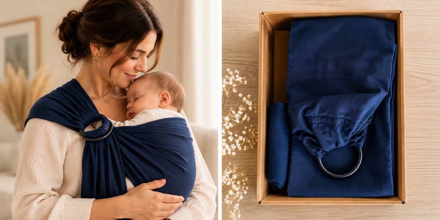 Ringsling Baby Draagdoek Navy Blauw – Draagdoek met Ringen – Verstelbare Babydrager – Draagdoek Baby – foto 3