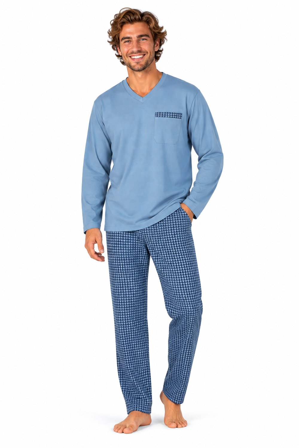 Comte Heren Pyjama – 100% Katoen – Lange Mouw – Blauw – V-Hals - Maat 3XL