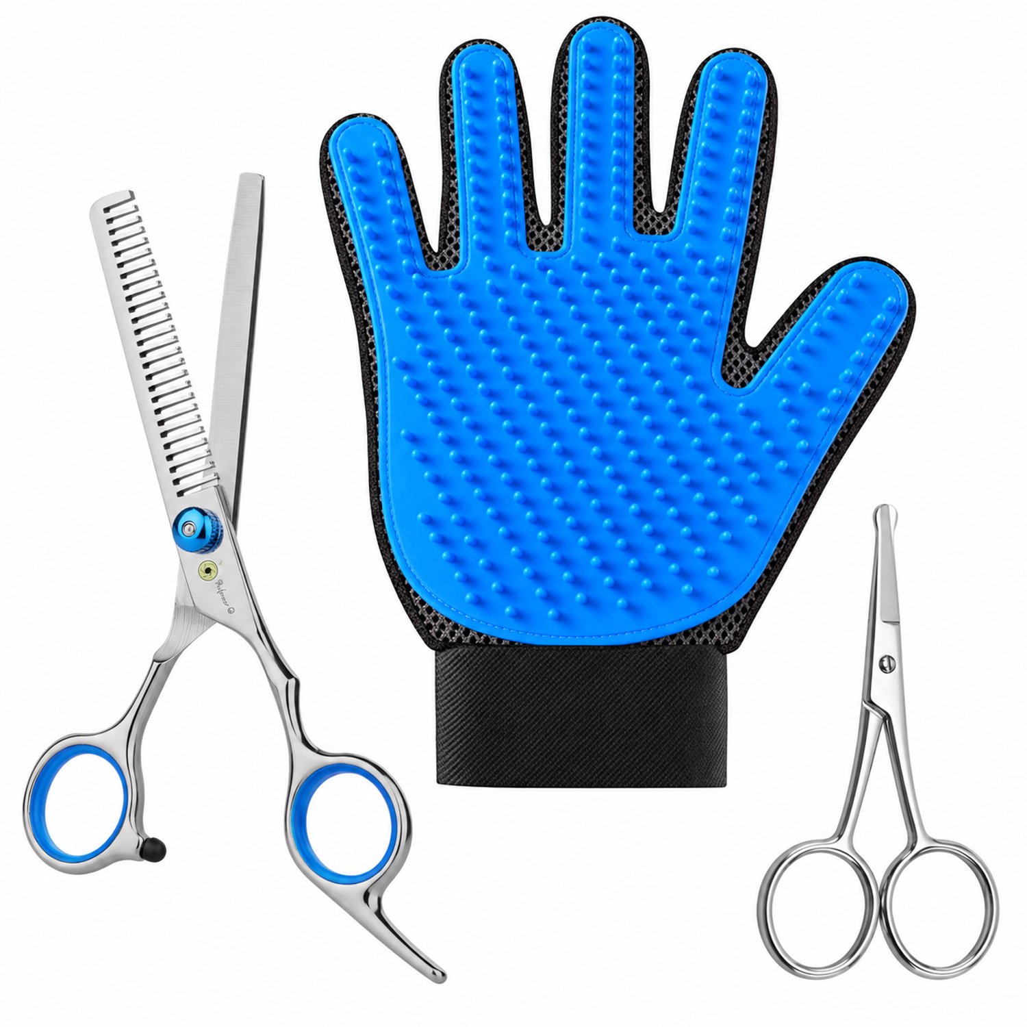 Professor Q Hondentrimset - Effileerschaar Zilver/Blauw - Potenschaar Zilver en Vachthandschoen Blauw - 3-delig