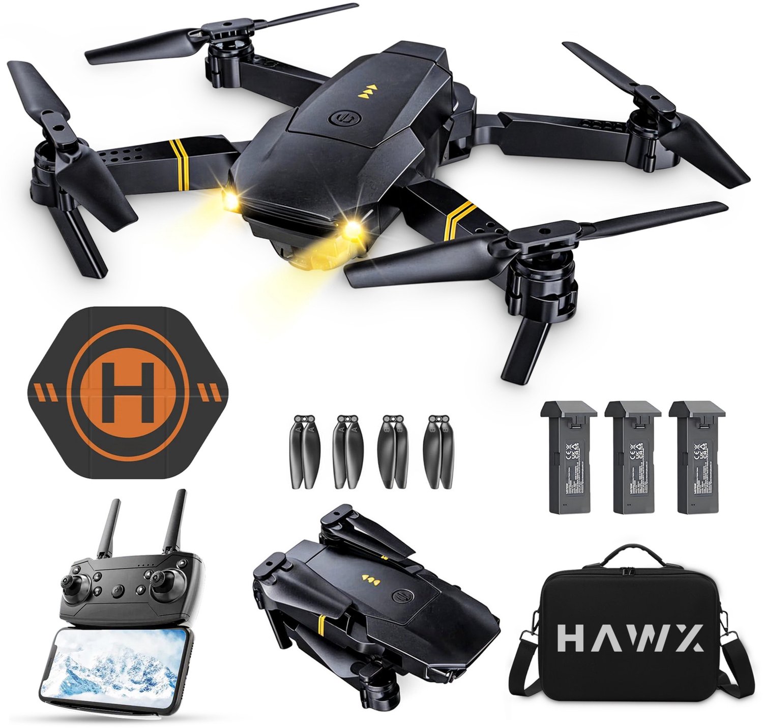 HAWX E58 Drone - Drone met 4K Camera - Mini drone - Voor Kinderen/Volwassenen - Drones - Tot 90 Minuten Vliegen - Incl. 3 Batterijen, Opbergtas, Landing Pad