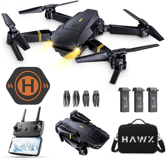 Zwarte opvouwbare drone met accessoires: landingsplatform, 3 batterijen, extra propellers, controller en draagtas.