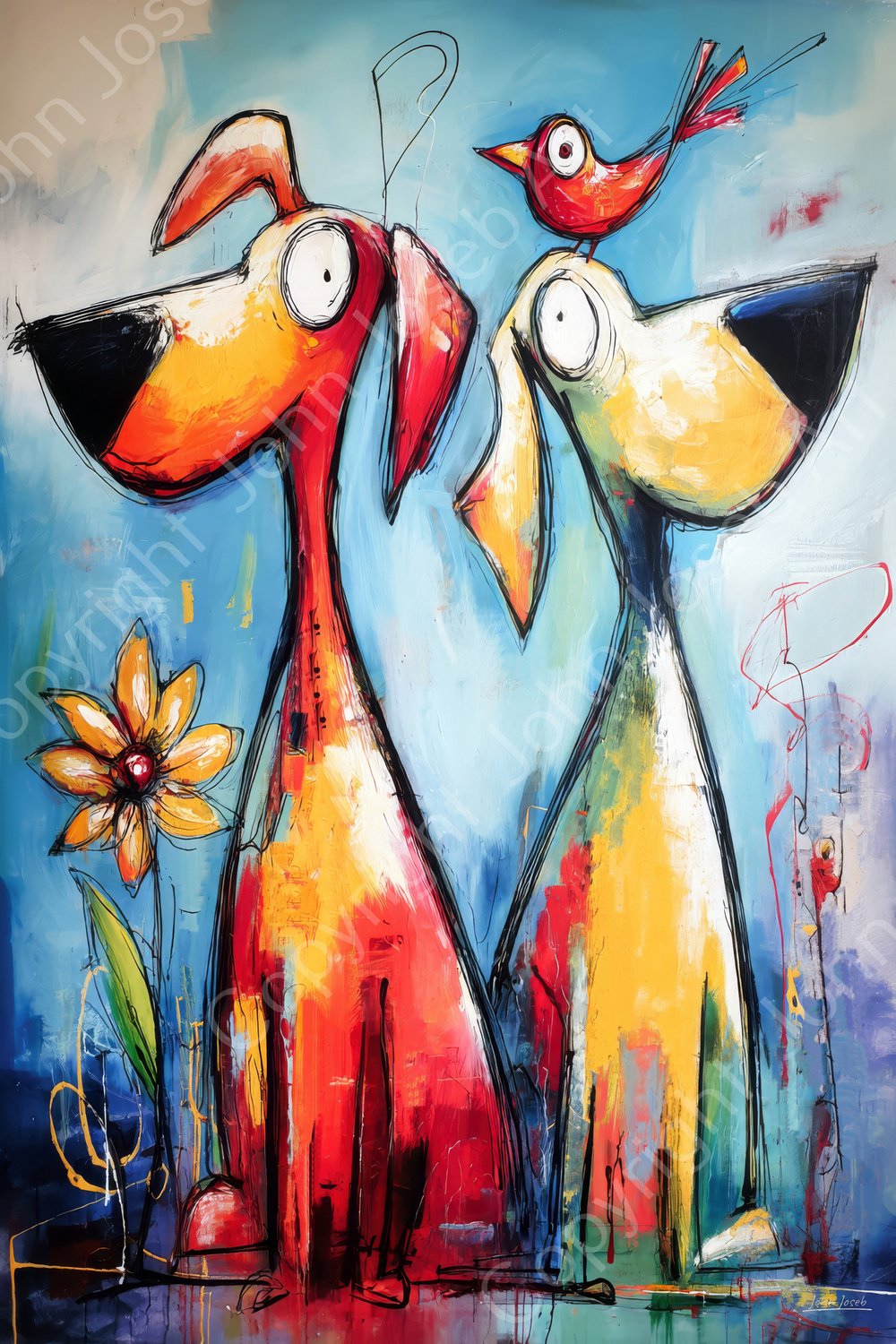 John Joseb Art (Canvas) 90x60 | Honden kijken naar vogel, kleurrijk, abstract, kunst, dier, hond, geel, blauw, rood, modern | Foto-Schilderij canvas print (wanddecoratie) Canvas, dikte 2 cm