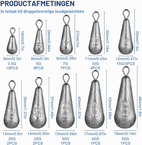 Set van 40 Dreggewichten voor Vissen, Pear Lead Vistuigen van 0.1 g tot 50 g, Ideaal voor Boot- en Zeevissen — afbeelding 5