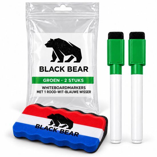Twee groene whiteboardmarkers en een rood-wit-blauwe wisser in een verpakking.