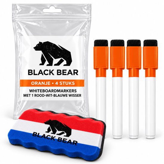 Vier oranje whiteboardmarkers en een rood-wit-blauwe wisser met Black Bear logo.