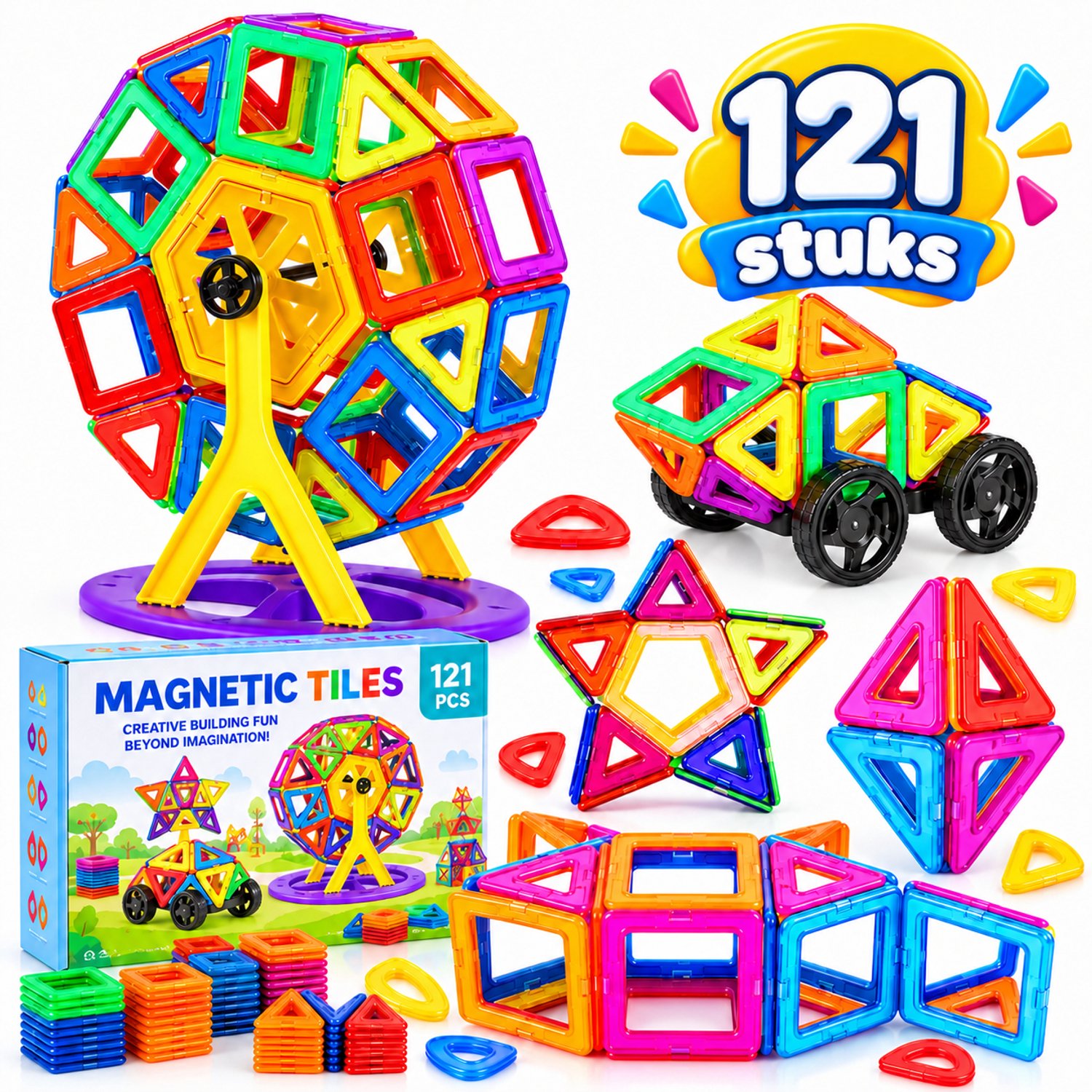 Flero Magnetische Bouwblokken voor Kinderen | STEM Magnetische Tegels Constructiespeelgoed | Vorm & Kleur Leerset | Creatief Educatief Bouwcadeau voor Jongens & Meisjes (121 stuks) - Educatief Montessori Speelgoed, Speelgoed zonder Scherm