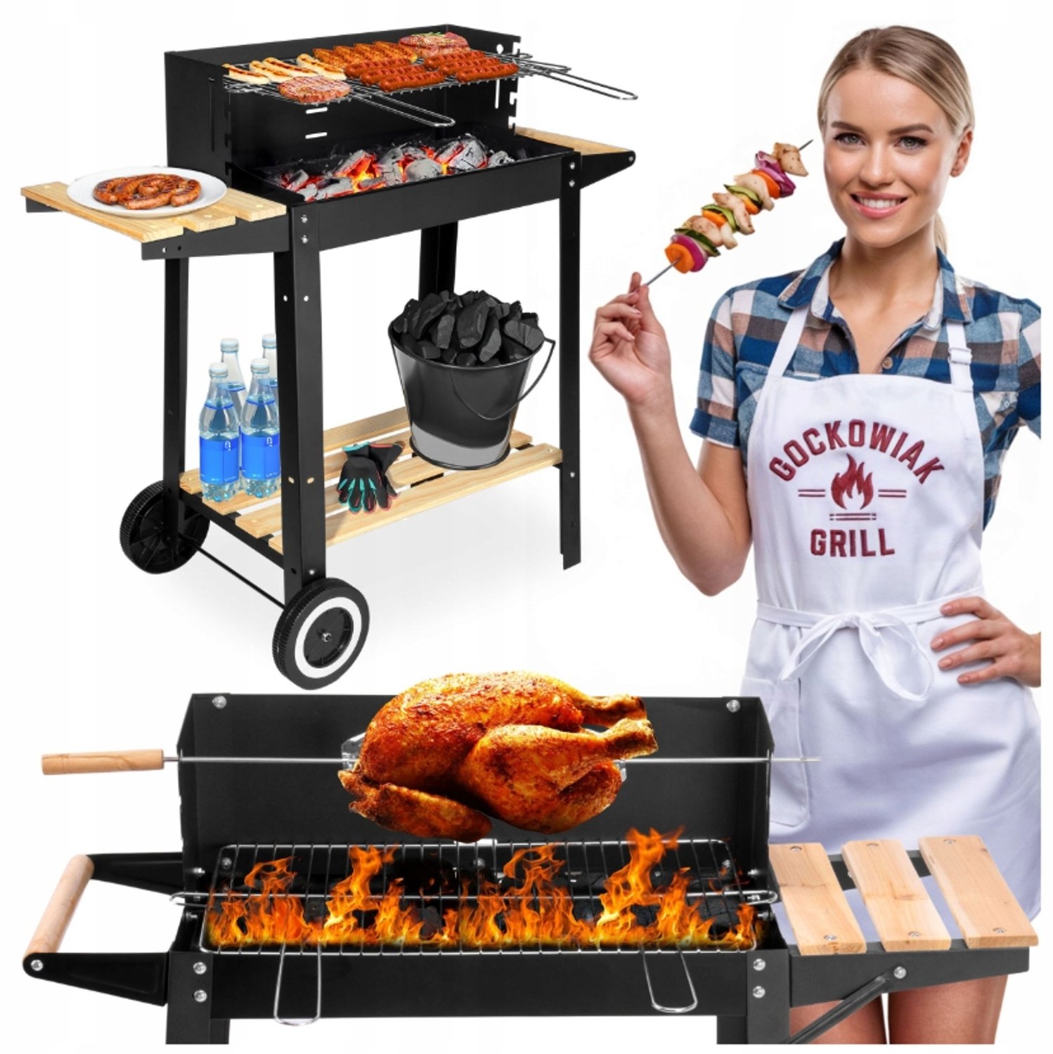 Grote Koolgrill met Spit, Verstelbaar Rooster & Zijplanken