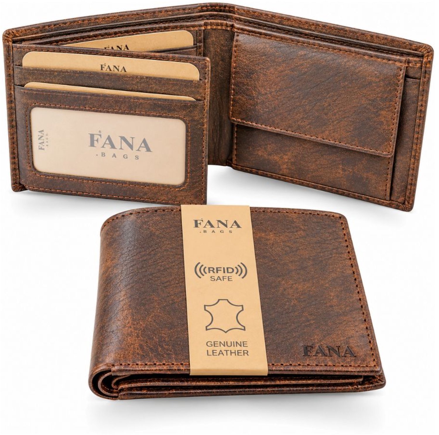 Fana Bags® Heren Portemonnee Leer Bruin - RFID - Compacte Portemonnee Heren Billfold - Cadeau artikel