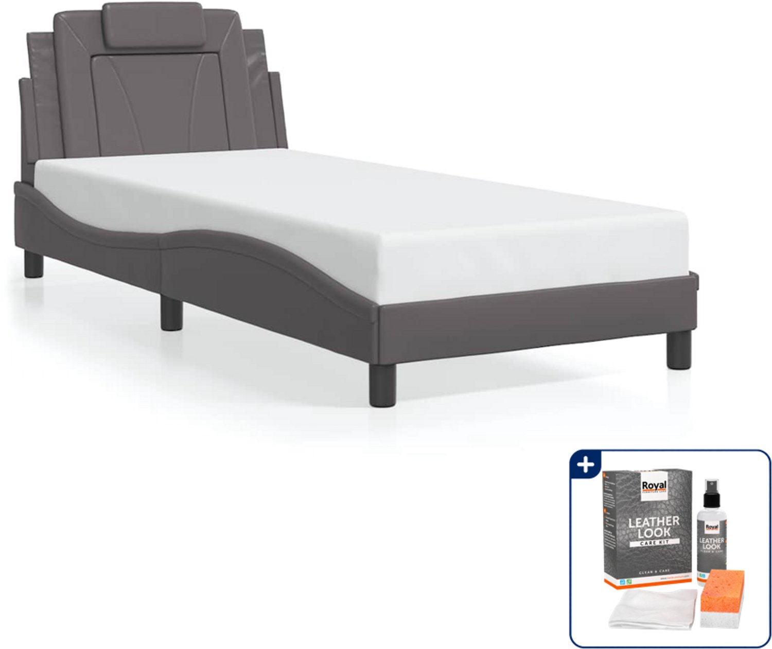 vidaXL Viana bedframe - 90 x 200 cm - kunstleer - grijs - Inclusief onderhoudsset voor kunstleer 150 ml Bruin