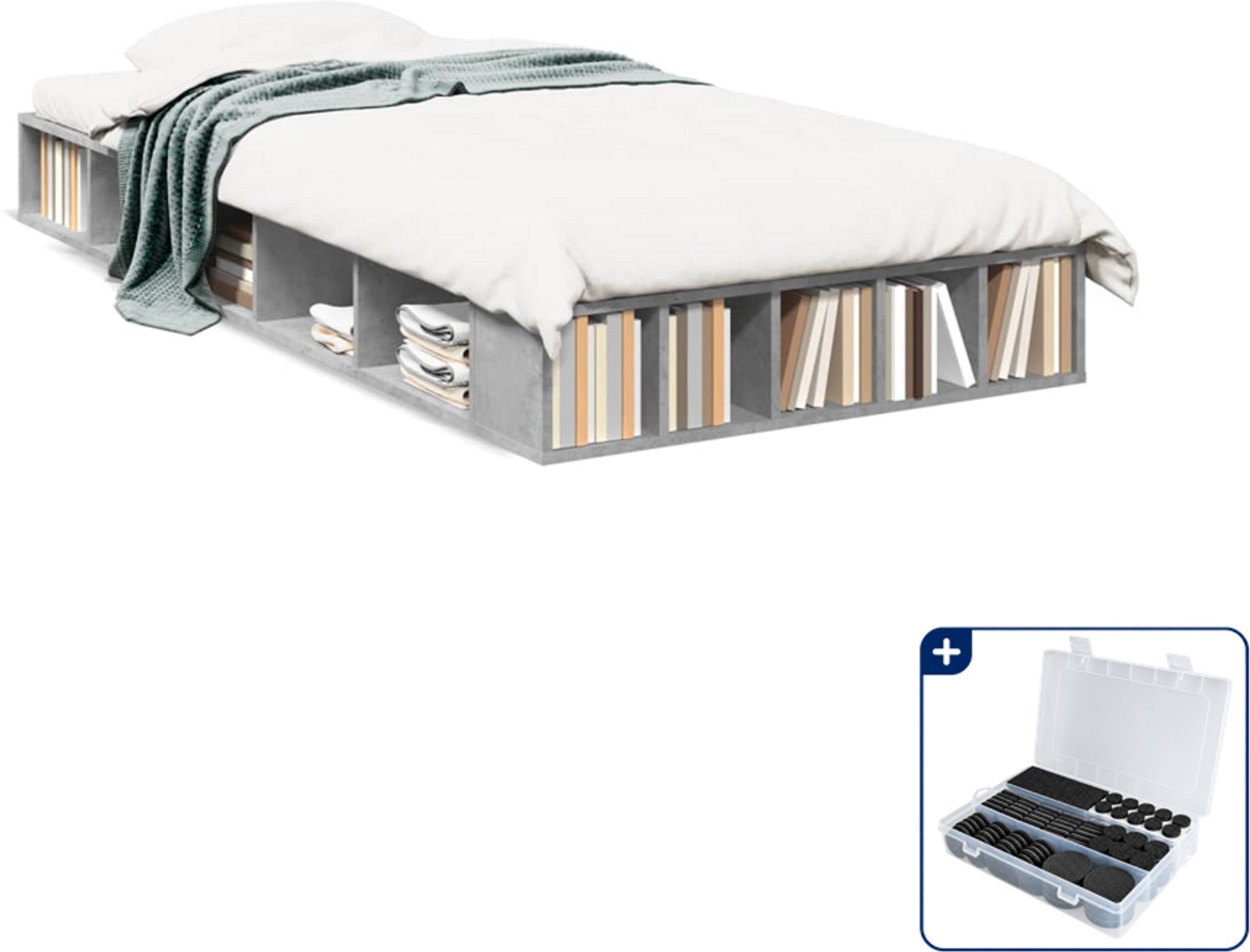 vidaXL bedframe - 90 x 190 cm - bewerkt hout - betongrijs - Inclusief antikrasvilt 177-delig