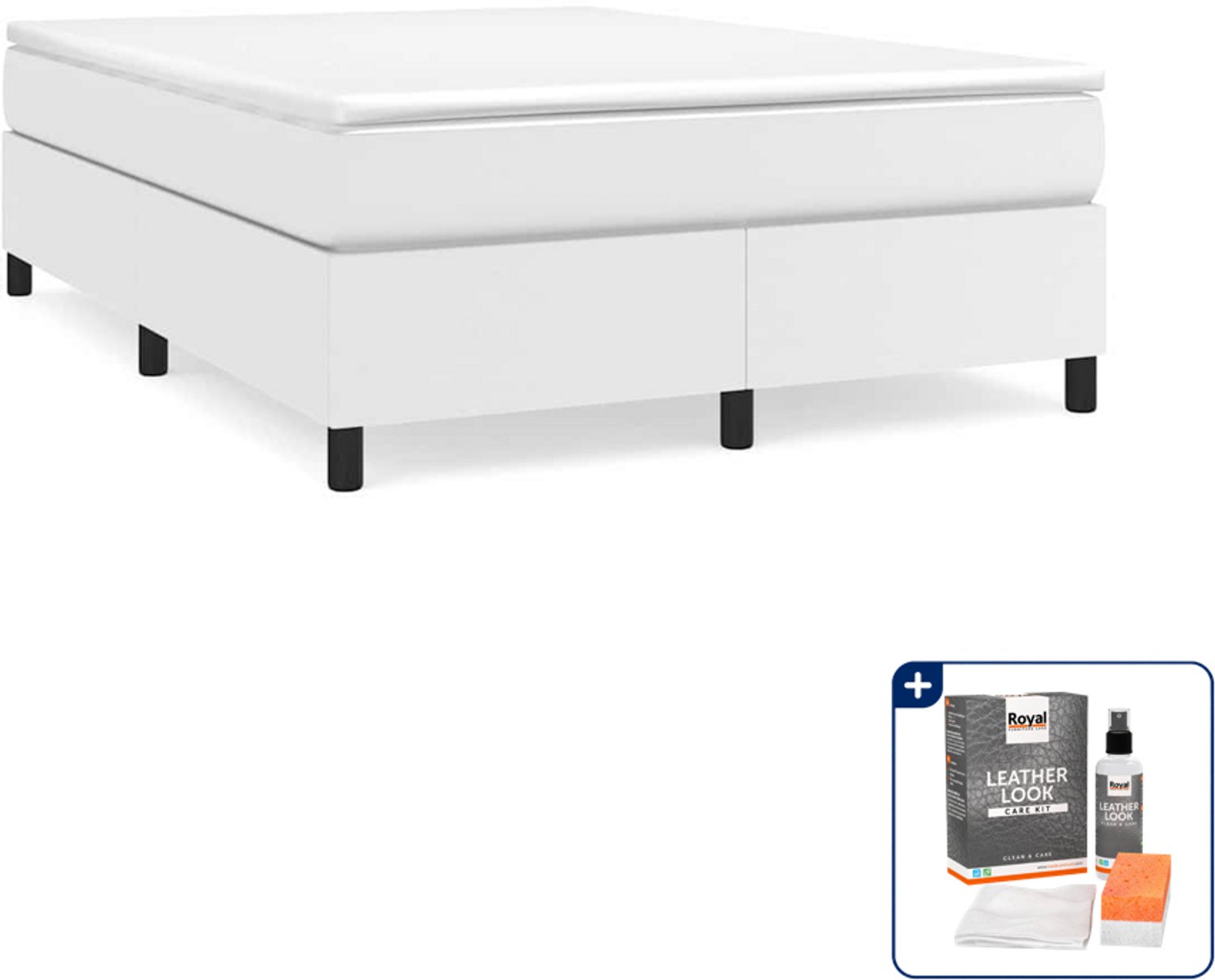vidaXL boxspring met matras 140 x 190 cm - kunstleer - wit - Inclusief onderhoudsset voor kunstleer 150 ml Zwart
