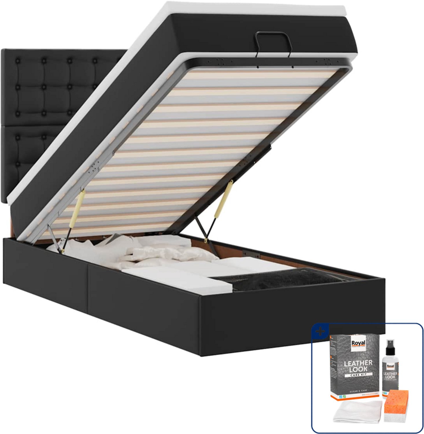 vidaXL ottoman bed met matras en led - 90 x 190 cm - kunstleer - zwart - Inclusief onderhoudsset voor kunstleer 150 ml Blauw