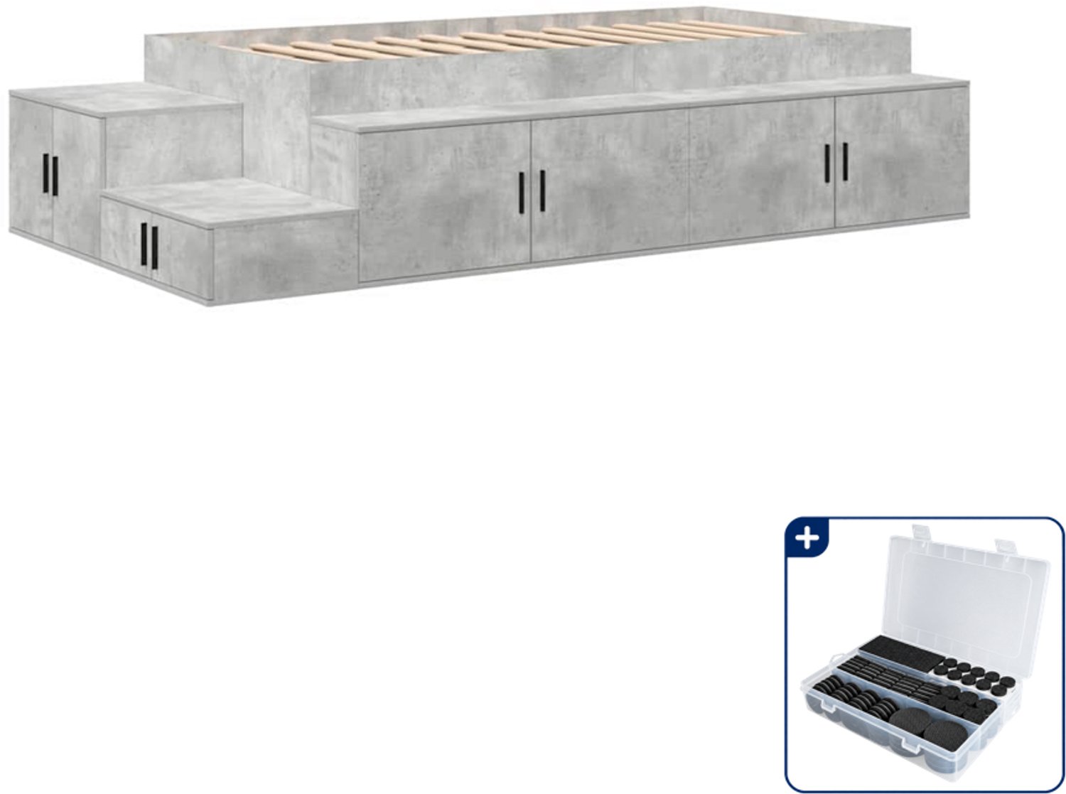 vidaXL Opbergbedframe - 90 x 200 cm - bewerkt hout - beton grijs - Inclusief antikrasvilt 177-delig