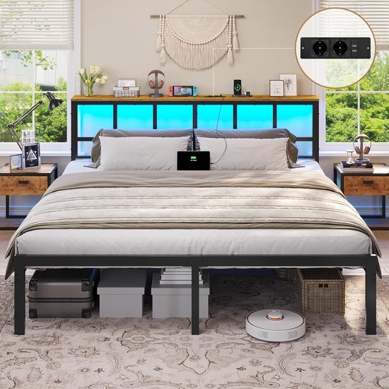 Tweepersoonsbed 160x200 cm met LED-verlichting en Oplaadstation – Metalen Bedframe met Hoofdbord, 2 Stopcontacten, 2 USB-poorten, Metalen Lattenbodem en Opbergruimte
