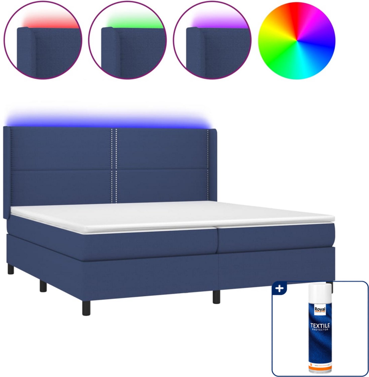 vidaXL boxspring met matras en led - super kingsize - 200x200 cm - blauw - Inclusief textielbeschermer 500 ml