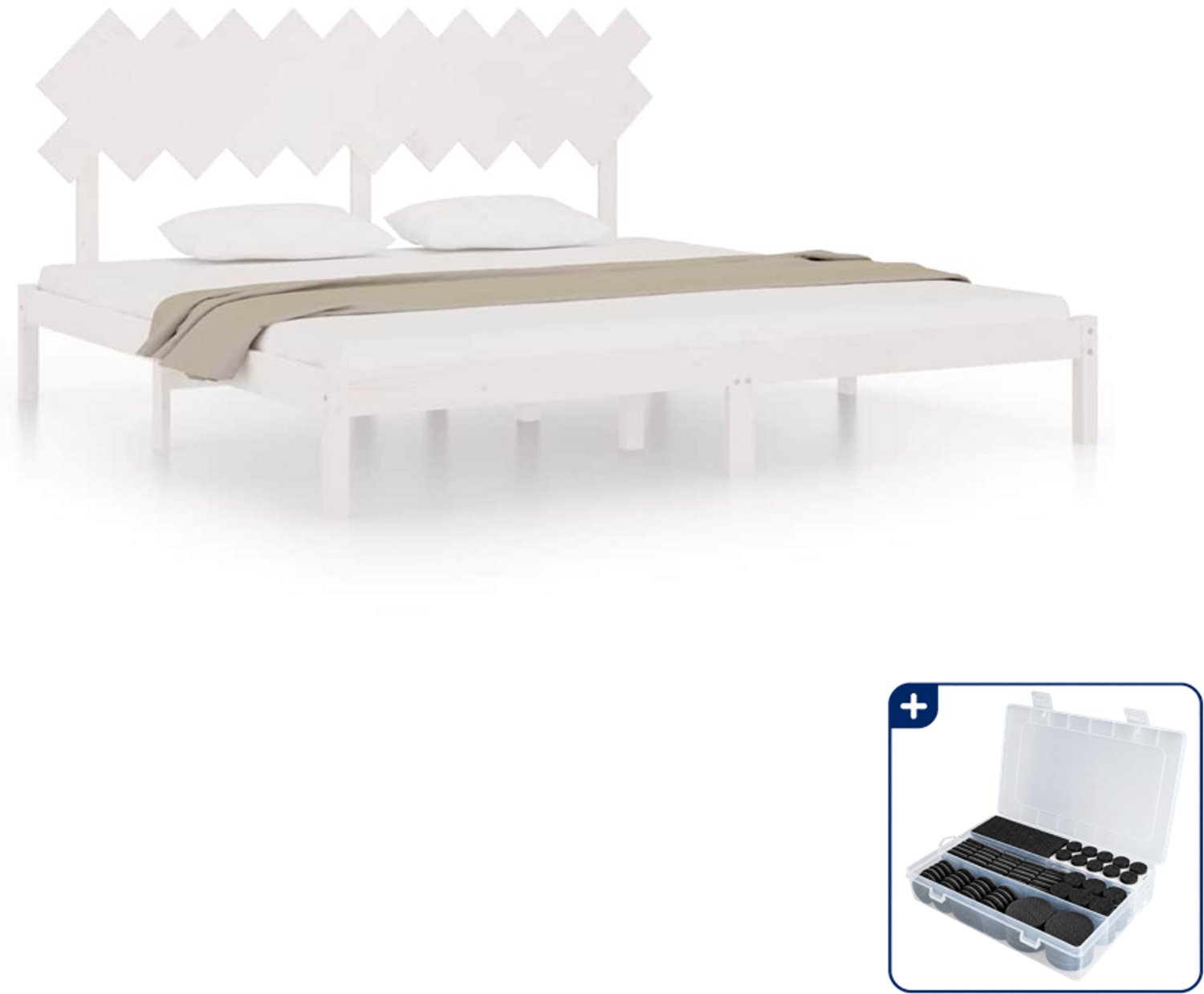 vidaXL bedframe - 200 x 200 cm - massief grenenhout - wit - Inclusief antikrasvilt 177-delig Zwart