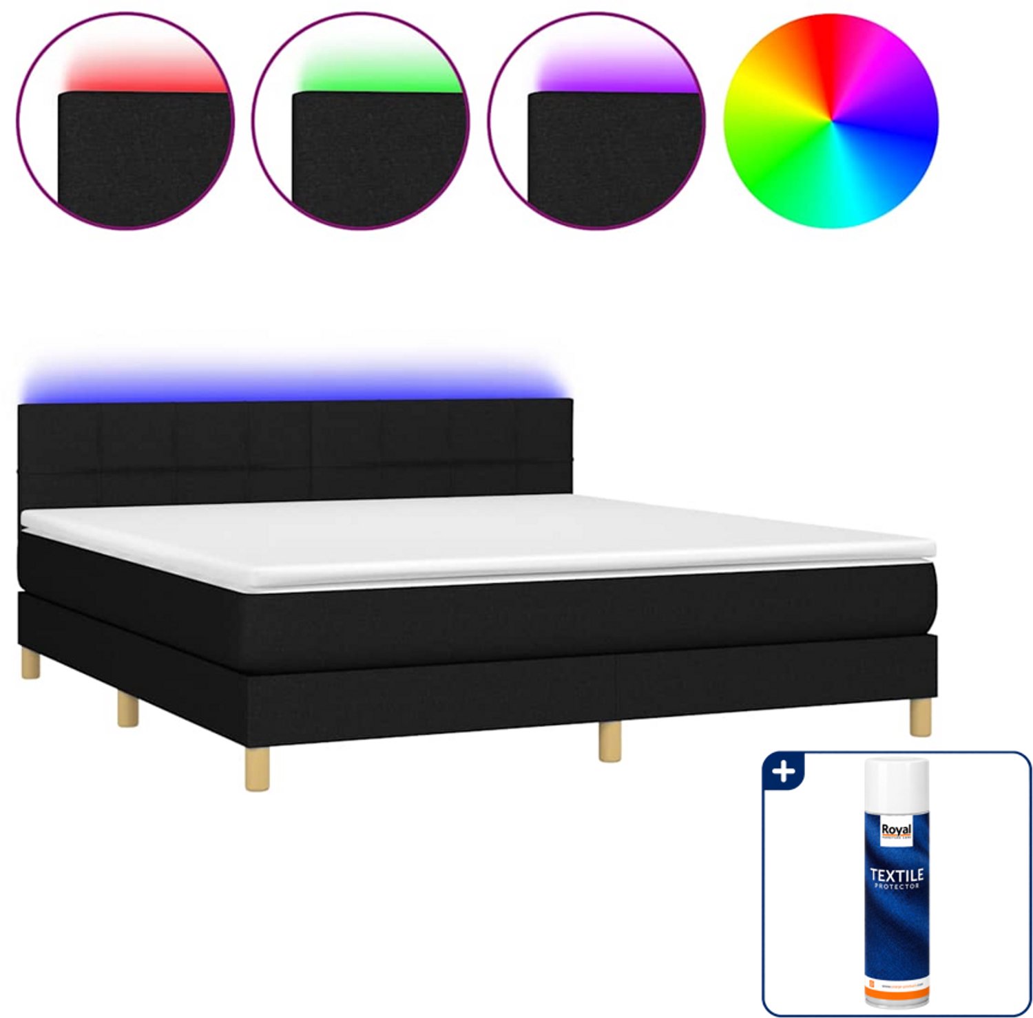 vidaXL Kingsize boxspring met matras en LED - 180 x 200 cm - zwart - Inclusief textielbeschermer 500 ml