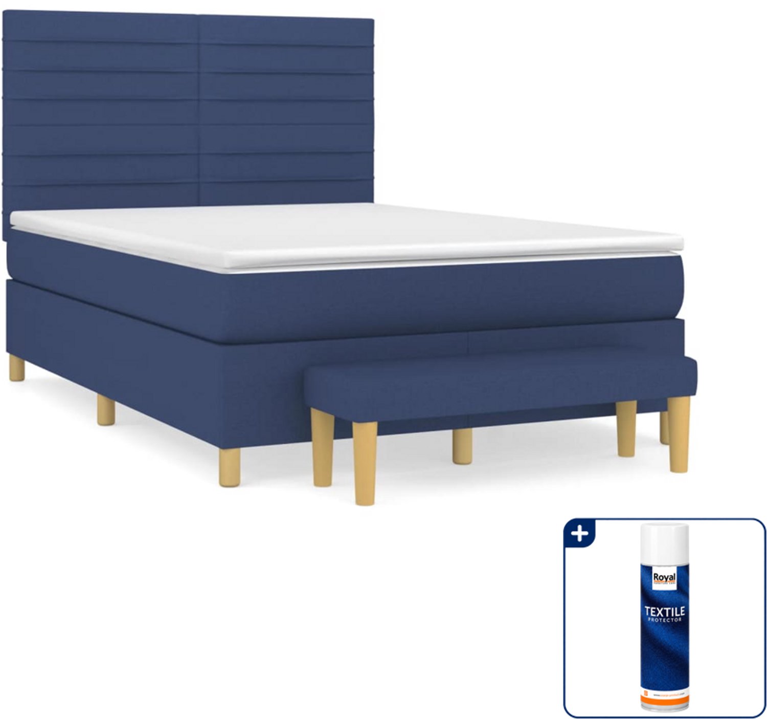 vidaXL boxspring met matras en bankje - 140 x 190 cm - blauw - Inclusief textielbeschermer 500 ml