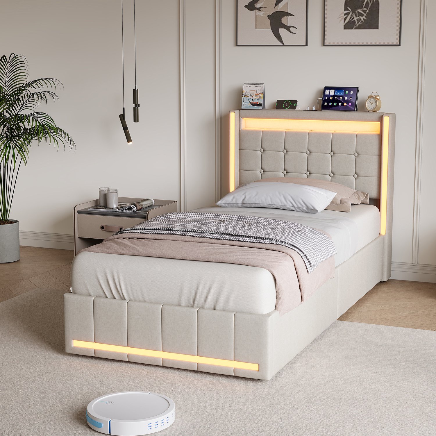 Yelenaro Hydraulisch opbergbed 90x200 cm, Eenpersoonsbed met LED en USB, Gestoffeerd Bed met Lattenbodem, Jongerenbed, Gastbed, Beige linnen, Zonder matras