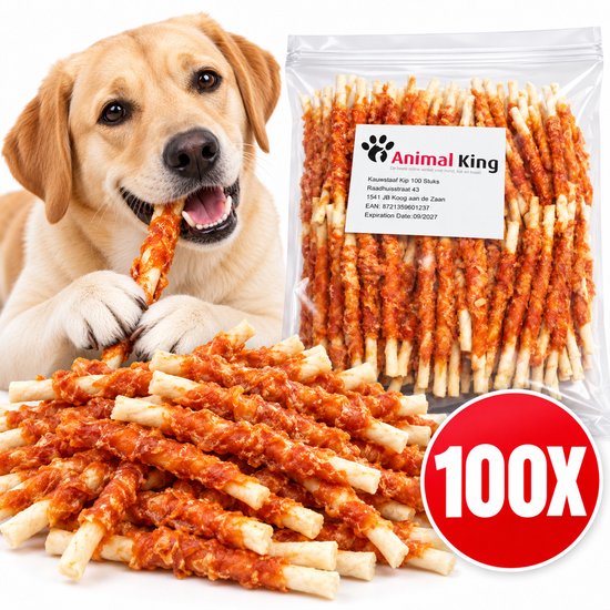 Kauwstaaf Hond Kip - Hondensnack - Kauwstaafjes Hond 100 Stuks - Animalking - Kauwsnack Hond 12,5 CM