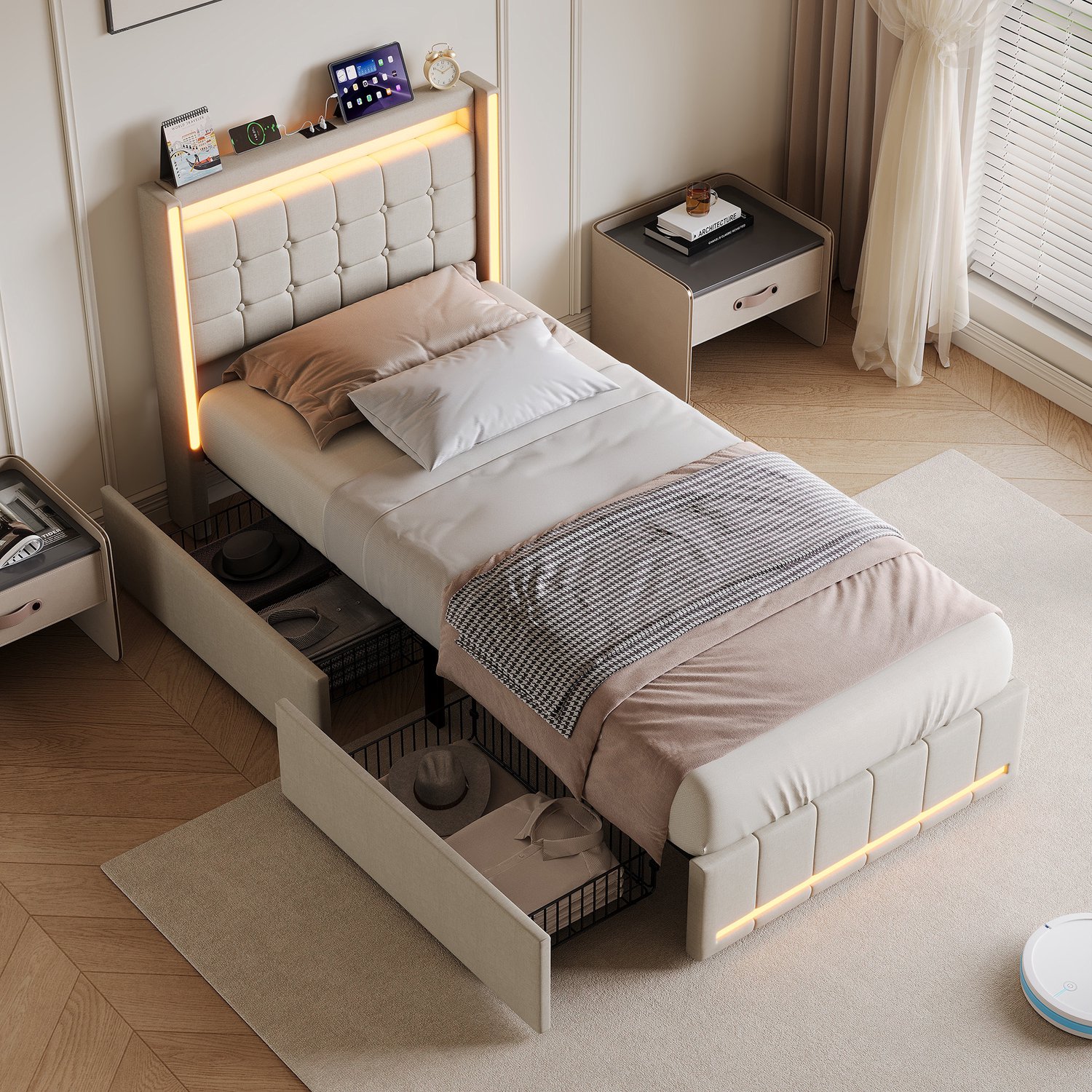 Yelenaro Gestoffeerd Bed 90x200 cm, Eenpersoonsbed met LED en USB, Bedframe met 2 Lades, Lattenbodem, Jongerenbed, Gastbed, Beige linnen, Zonder matras