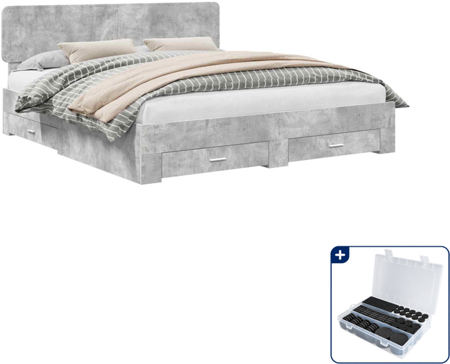vidaXL bedframe met lade - Kingsize - 180 x 200 cm - beton grijs - Inclusief antikrasvilt 177-delig Blauw
