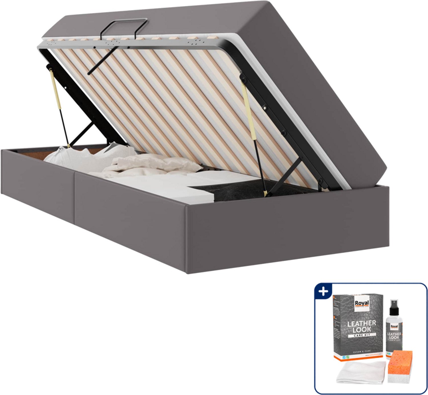 vidaXL opbergbed met matras - 100 x 200 cm - kunstleer - grijs - Inclusief onderhoudsset voor kunstleer 150 ml Bruin