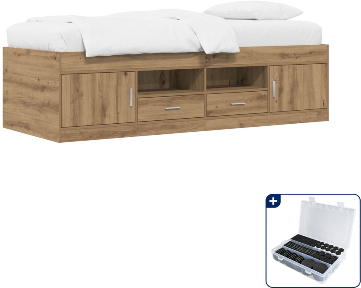 vidaXL Bedframe met opslag - 80 x 200 cm - bewerkt hout - eikenkleur - Inclusief antikrasvilt 177-delig Bruin