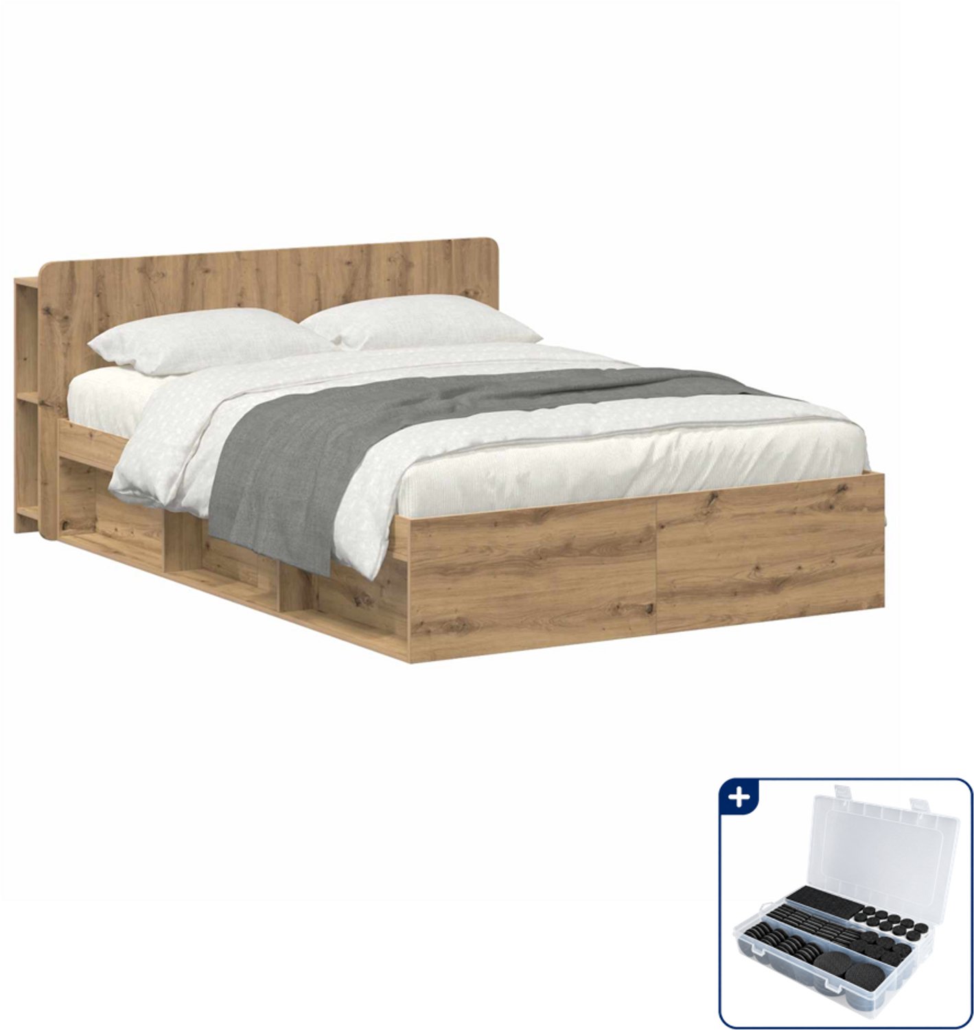 vidaXL bedframe met opbergruimte - 140 x 190 cm - bewerkt hout - eiken - Inclusief antikrasvilt 177-delig Bruin