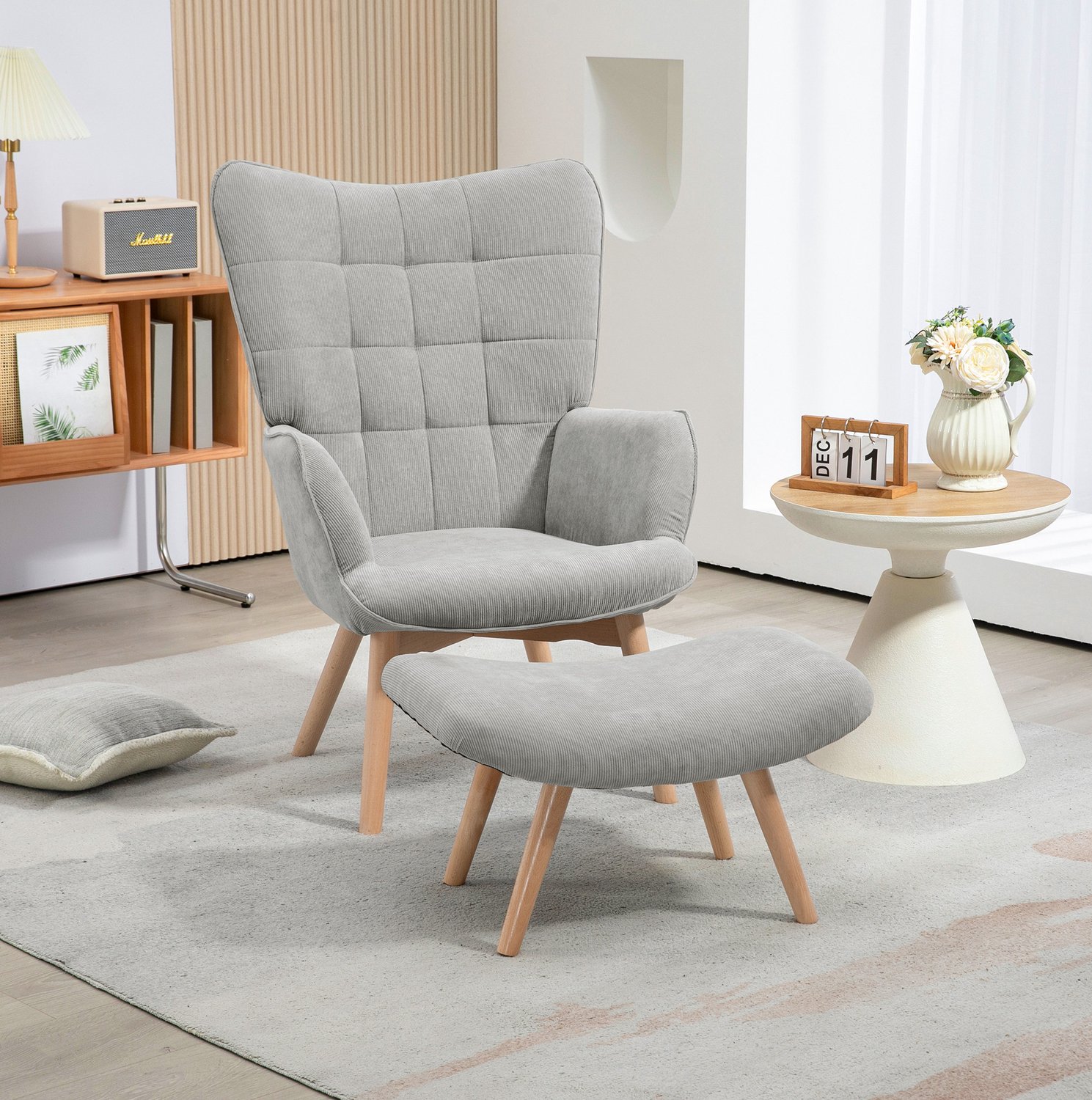 DESMIU Fauteuil met Hocker 80 x 72 x 101 cm - Hoge Rugleuning en Zachte Bekleding - Voor de Woonkamer - Polyester en Houten Poten - Grijs