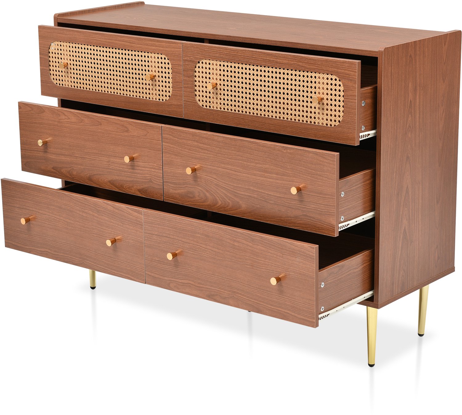 Ropilly Ladekast met zes laden - 120 x 40 x 90 cm - 2 rotan fronten - walnootkleurig hout en metaal - voor slaapkamer en woonkamer - afgeronde hoeken