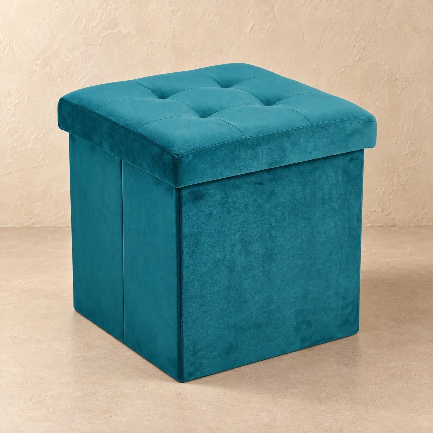 SCENA LIVING Poef met opbergruimte, fluweel, inklapbaar, 38 x 38 x 38 cm - petrol