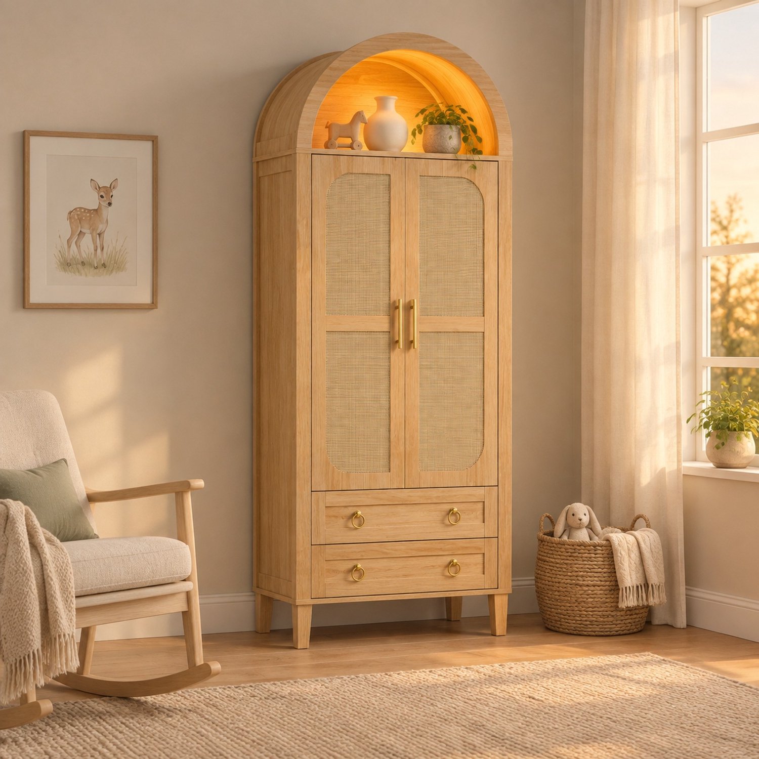 REDOM Kledingkast 76x50x184 cm - 2 deuren met rotanlook en kledingroede - 2 lades en appgestuurde LED - Naturel